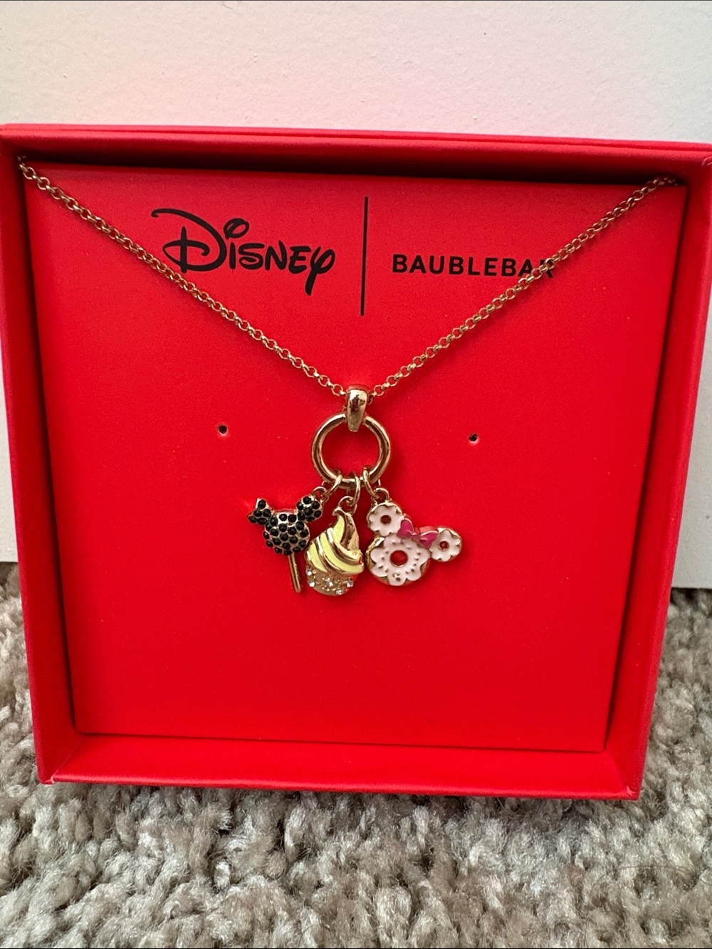 Disney x Baublebar Gold Charm Necklace featuring Mickey shaped foods